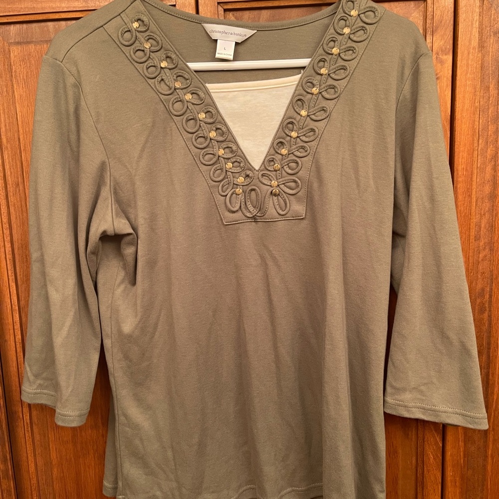 Large Olive Embellished Christopher and Banks top